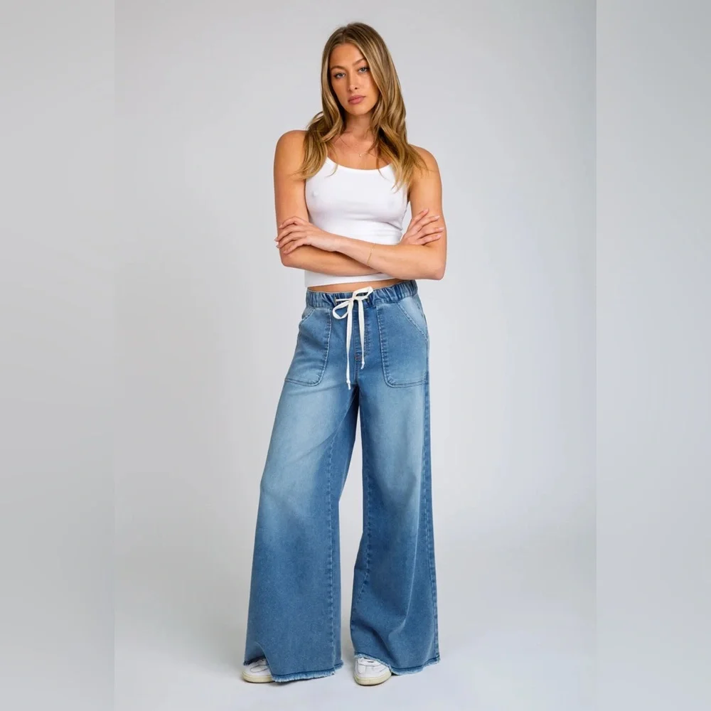 NWT Relaxed Wide Leg comfy Jean Pant drawstring elastic waist Junior Large - Picture 2 of 7